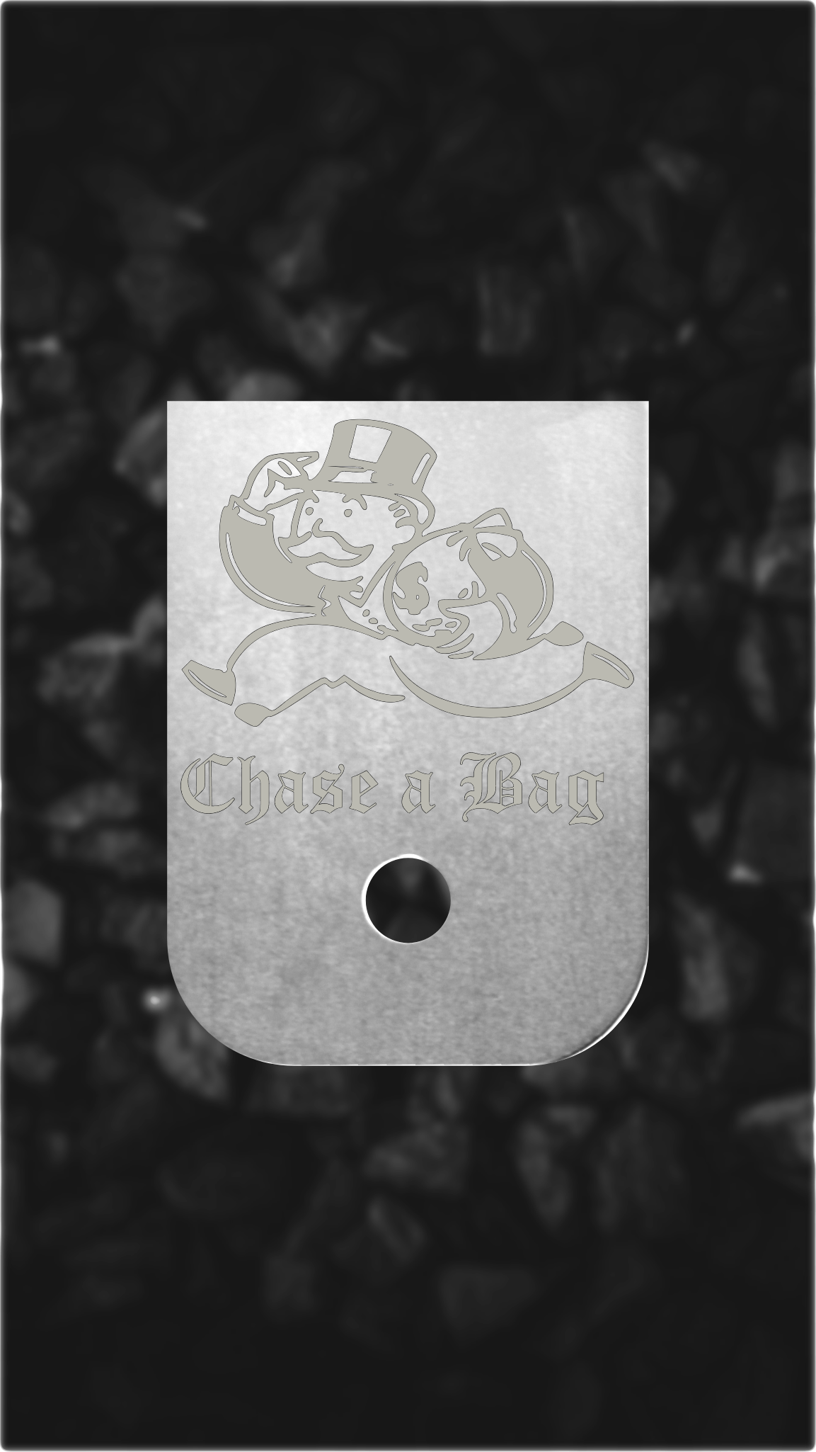 Aluminum Glock back plate Chase a Bag design laser-engraved Glock magazine plate