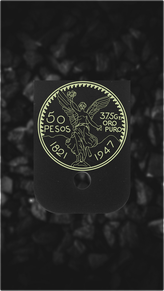 Black Brass Glock back plate Centenario coin design engraved Glock magazine plate