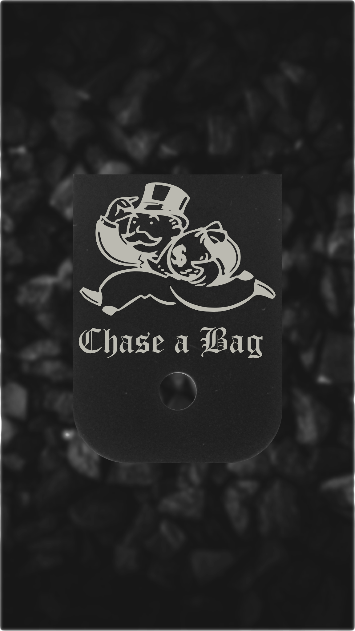 Black Aluminum Glock back plate Chase a Bag design laser-engraved Glock magazine plate
