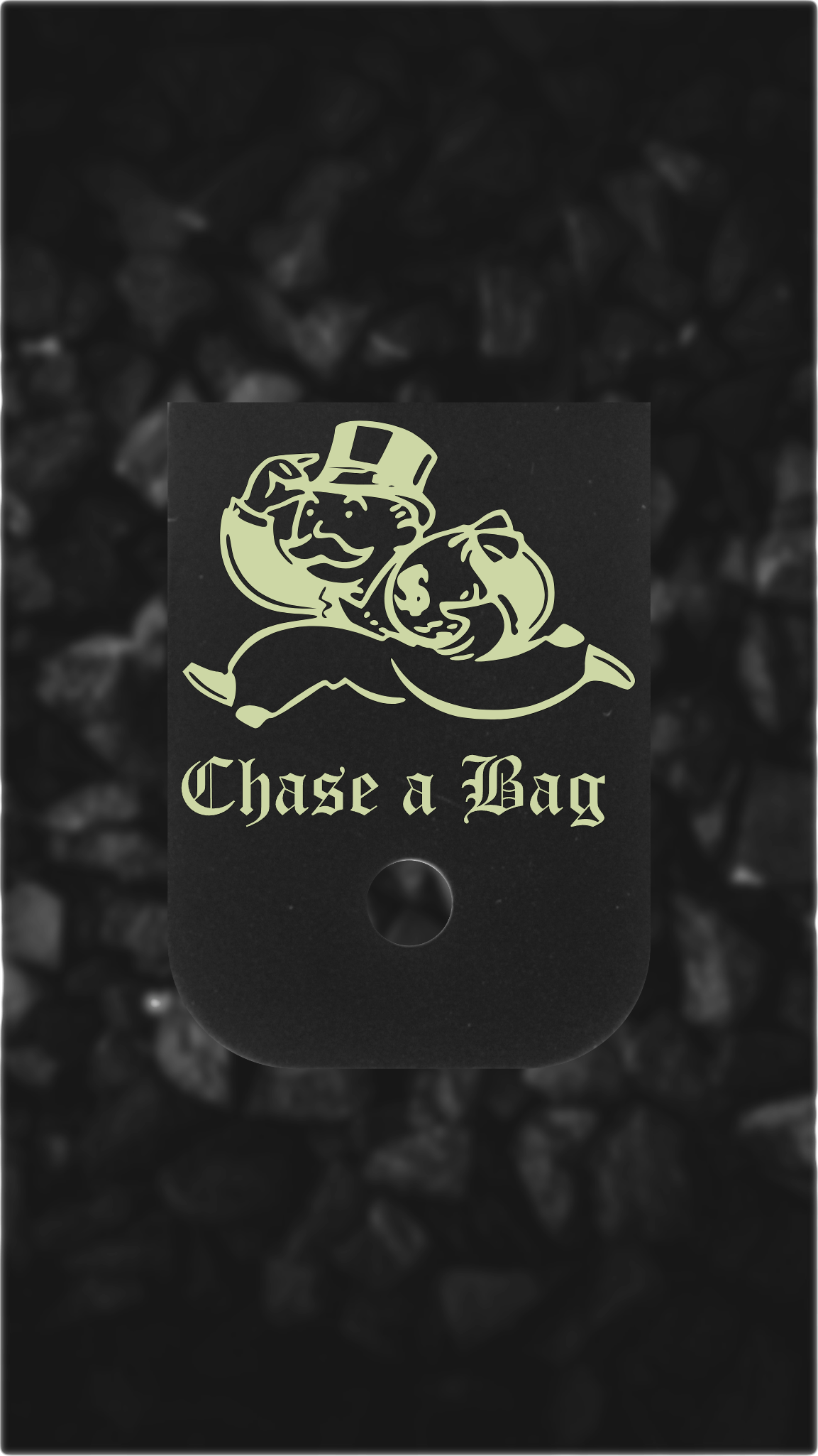 Black Brass Glock back plate Chase a Bag design laser-engraved Glock magazine plate