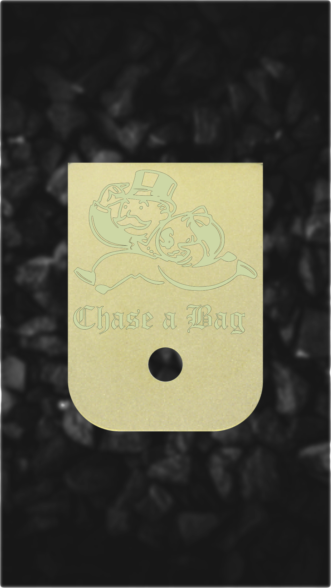 Brass Glock back plate Chase a Bag design laser-engraved Glock magazine plate
