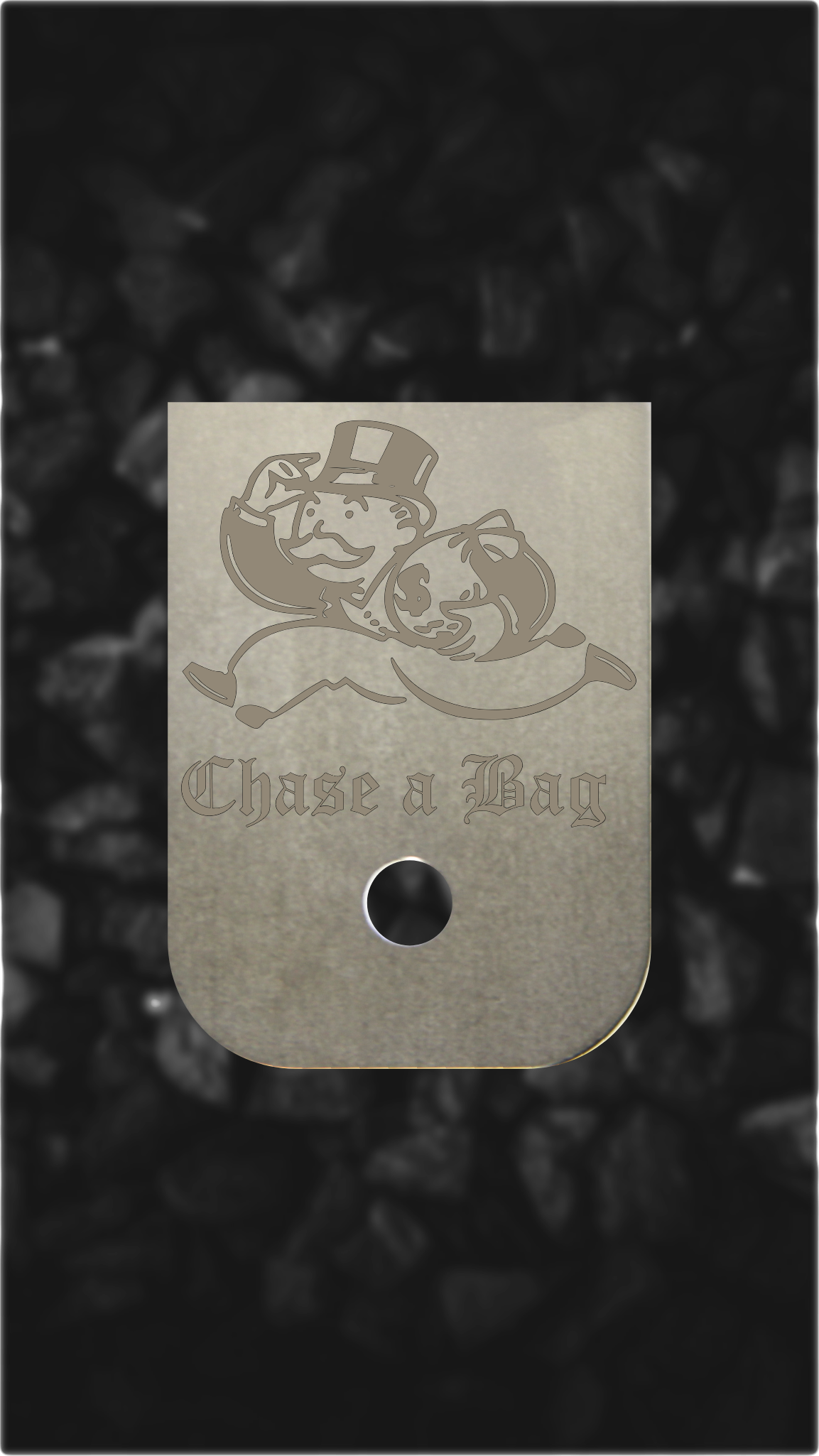 Titanium Glock back plate Chase a Bag design laser-engraved Glock magazine plate