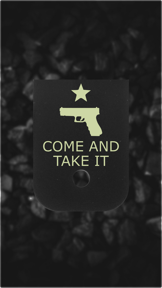 Black Brass Glock back plate Come And Take It star and pistol mag plate