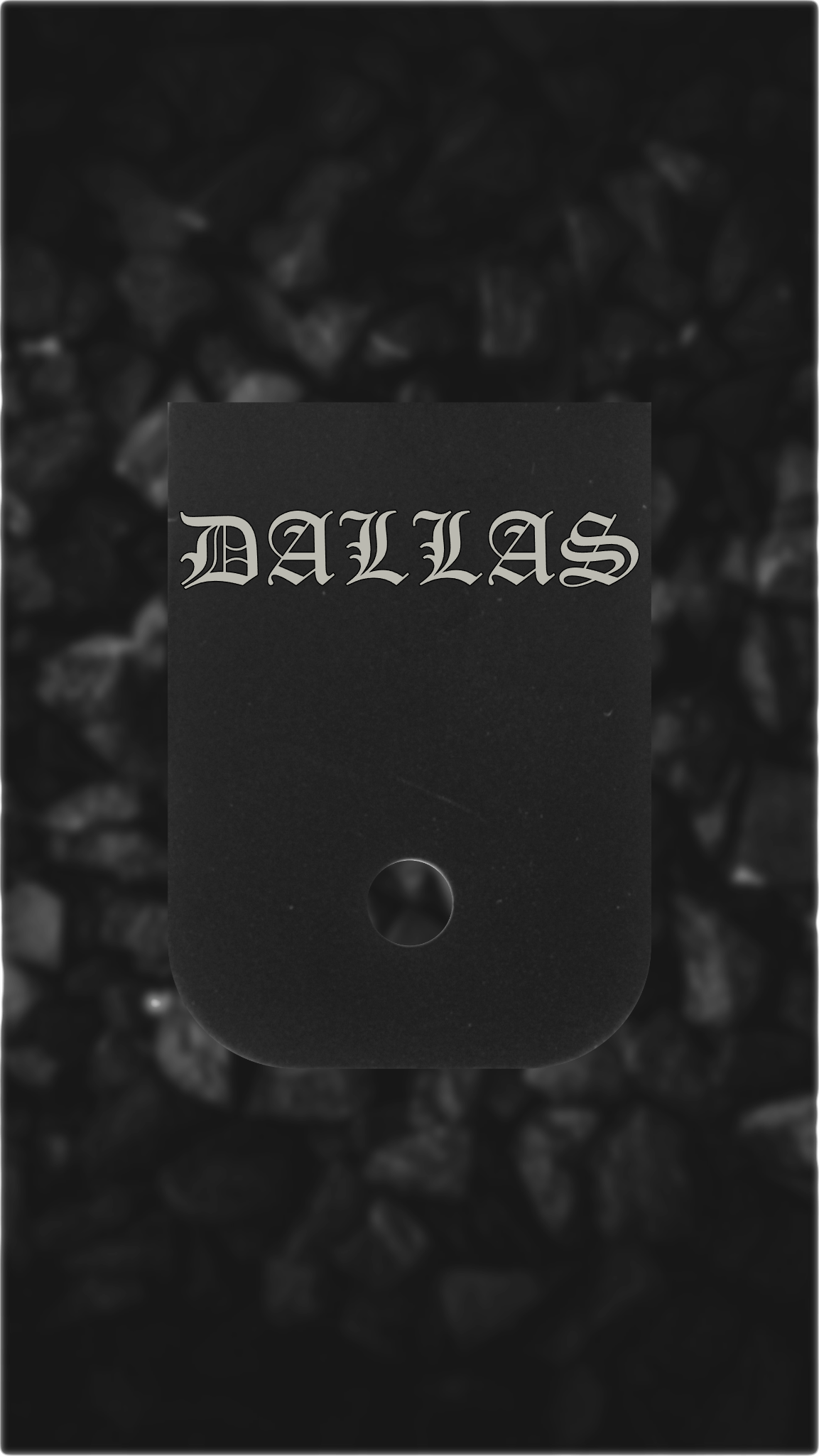 Black Aluminum Glock back plate Bold Dallas lettering engraved on Glock magazine plate