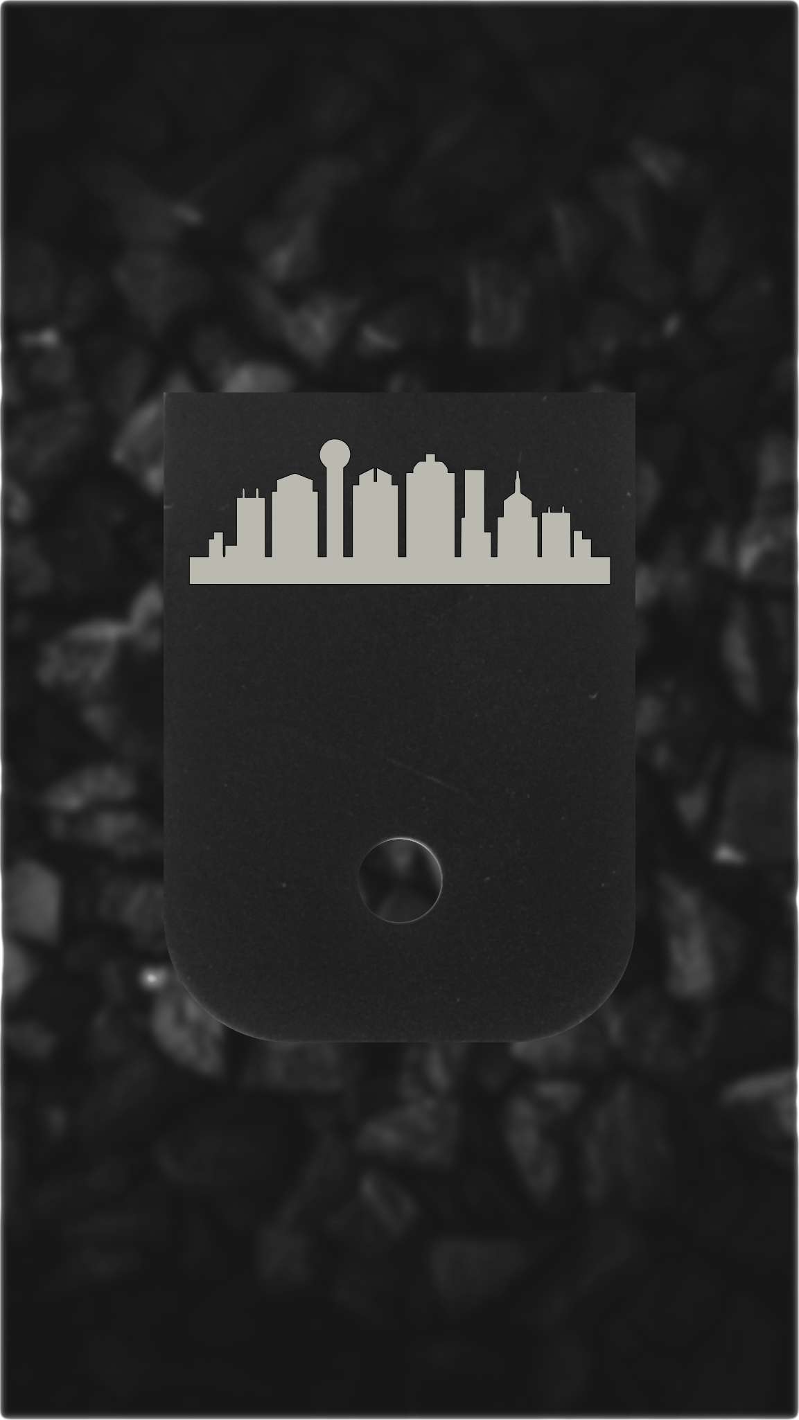 Black Aluminum Glock back plate Dallas skyline engraving on Glock magazine base plate