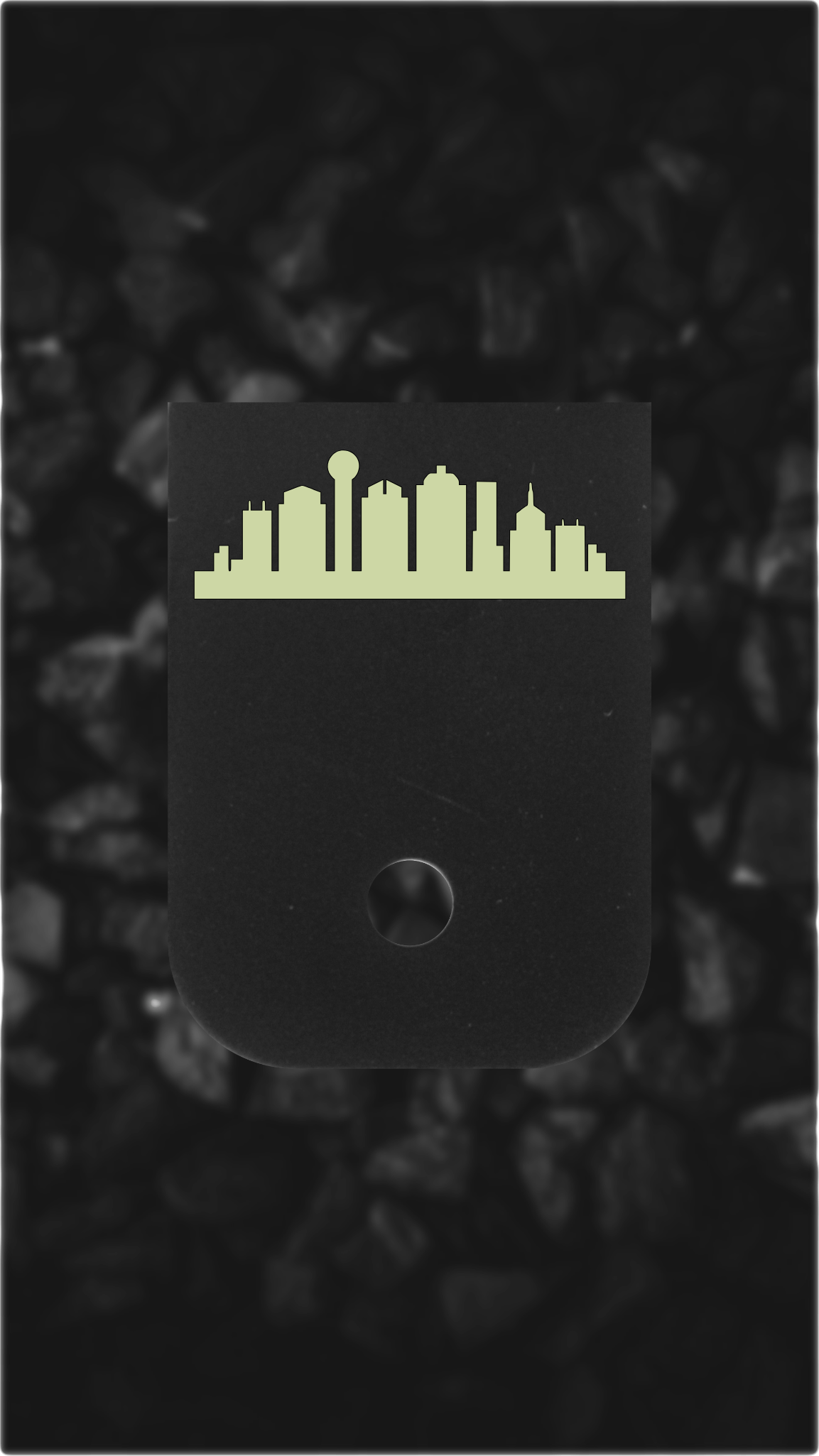 Black Brass Glock back plate Dallas skyline engraving on Glock magazine base plate