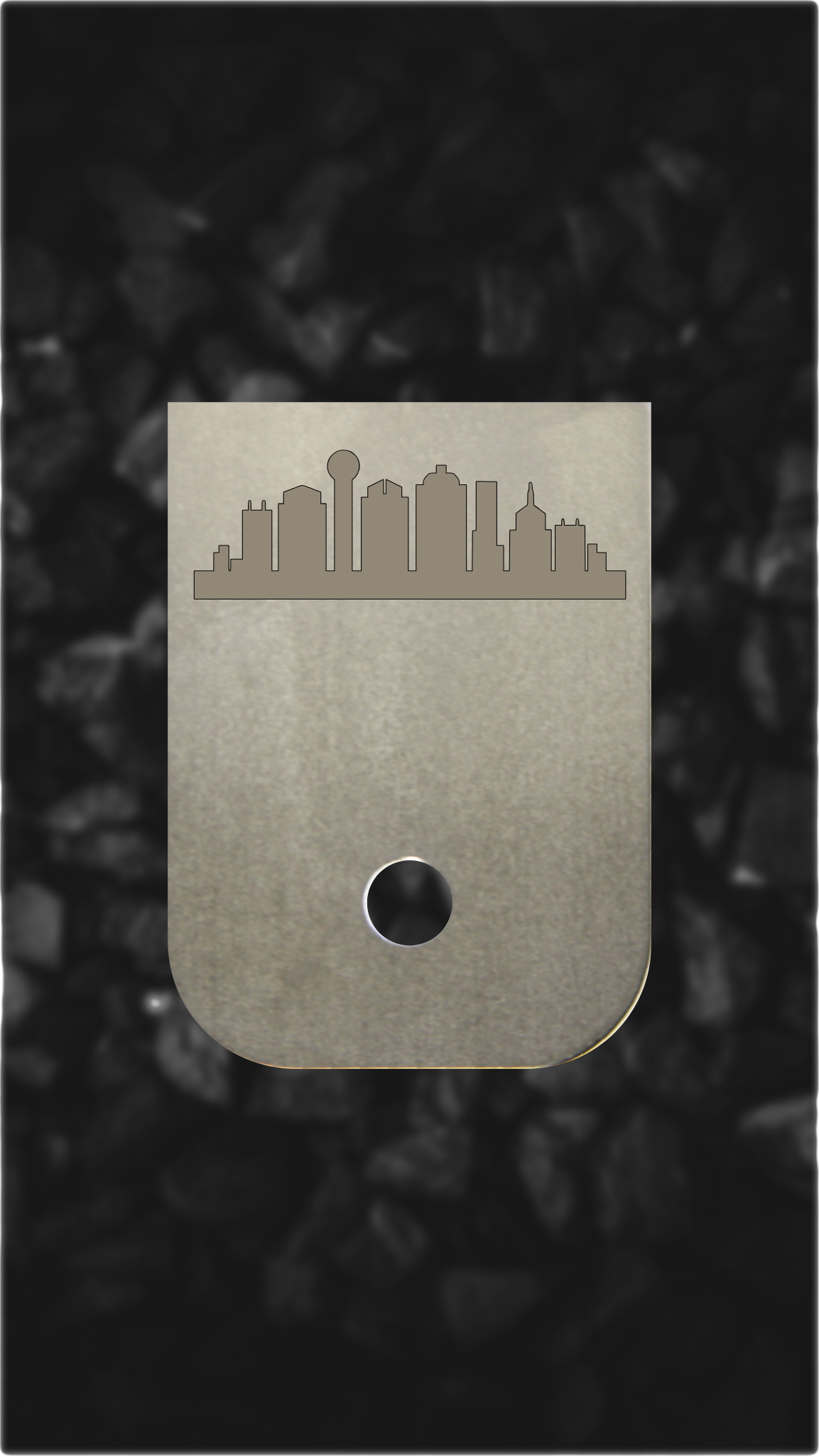 Titanium Glock back plate Dallas skyline engraving on Glock magazine base plate