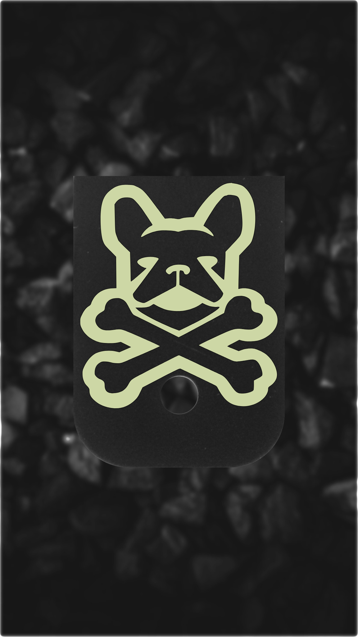 Black Brass Glock back plate Frenchie skull crossbones design on Glock magazine plate