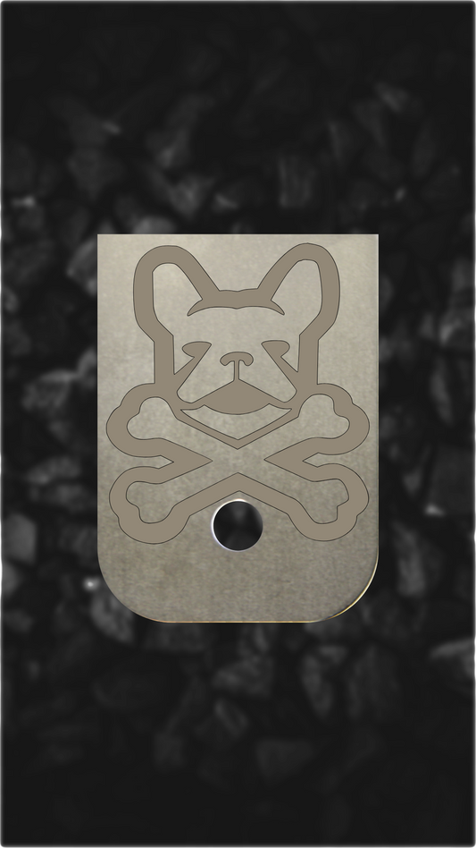 Titanium Glock back plate Frenchie skull crossbones design on Glock magazine plate