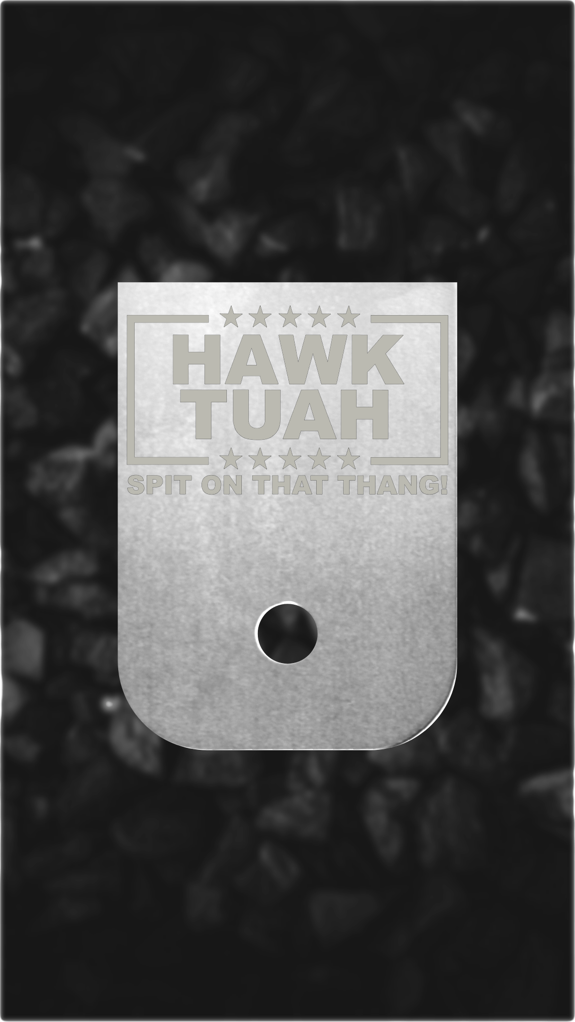 Aluminum Glock back plate Hawk Tuah text laser engraved Glock magazine plate