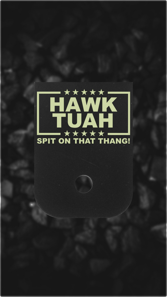 Black Brass Glock back plate Hawk Tuah text laser engraved Glock magazine plate