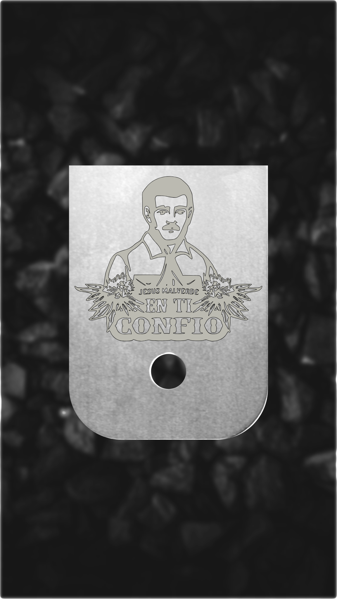 Aluminum Glock back plate Jesus Malverde portrait engraved Glock magazine plate