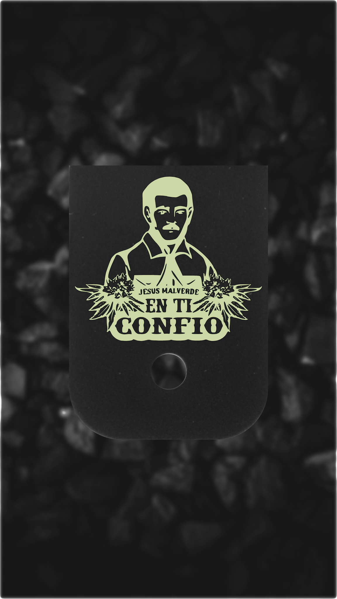 Black Brass Glock back plate Jesus Malverde portrait engraved Glock magazine plate