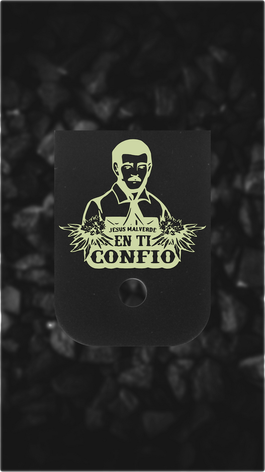 Black Brass Glock back plate Jesus Malverde portrait engraved Glock magazine plate