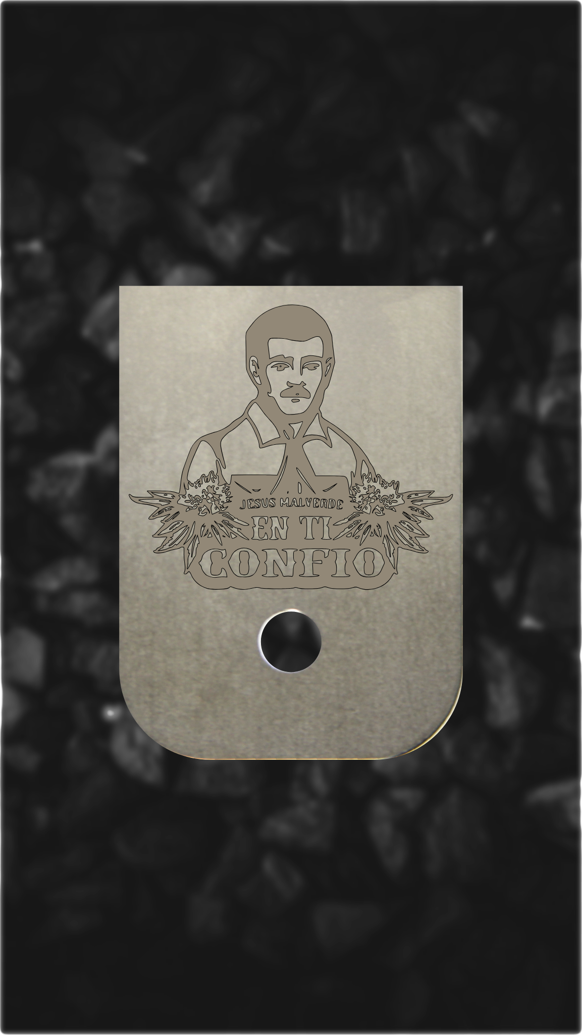 Titanium Glock back plate Jesus Malverde portrait engraved Glock magazine plate