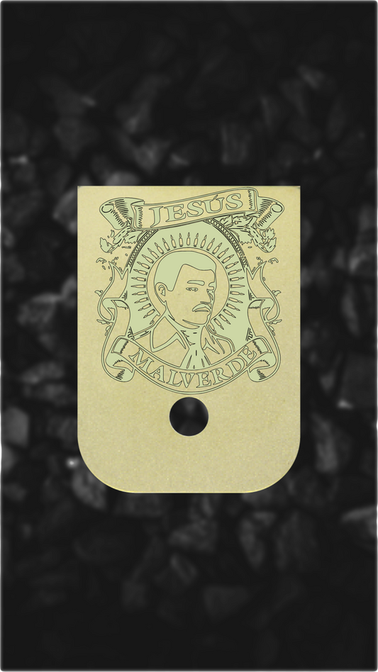 Brass Glock back plate Jesus Malverde portrait engraved Glock magazine plate