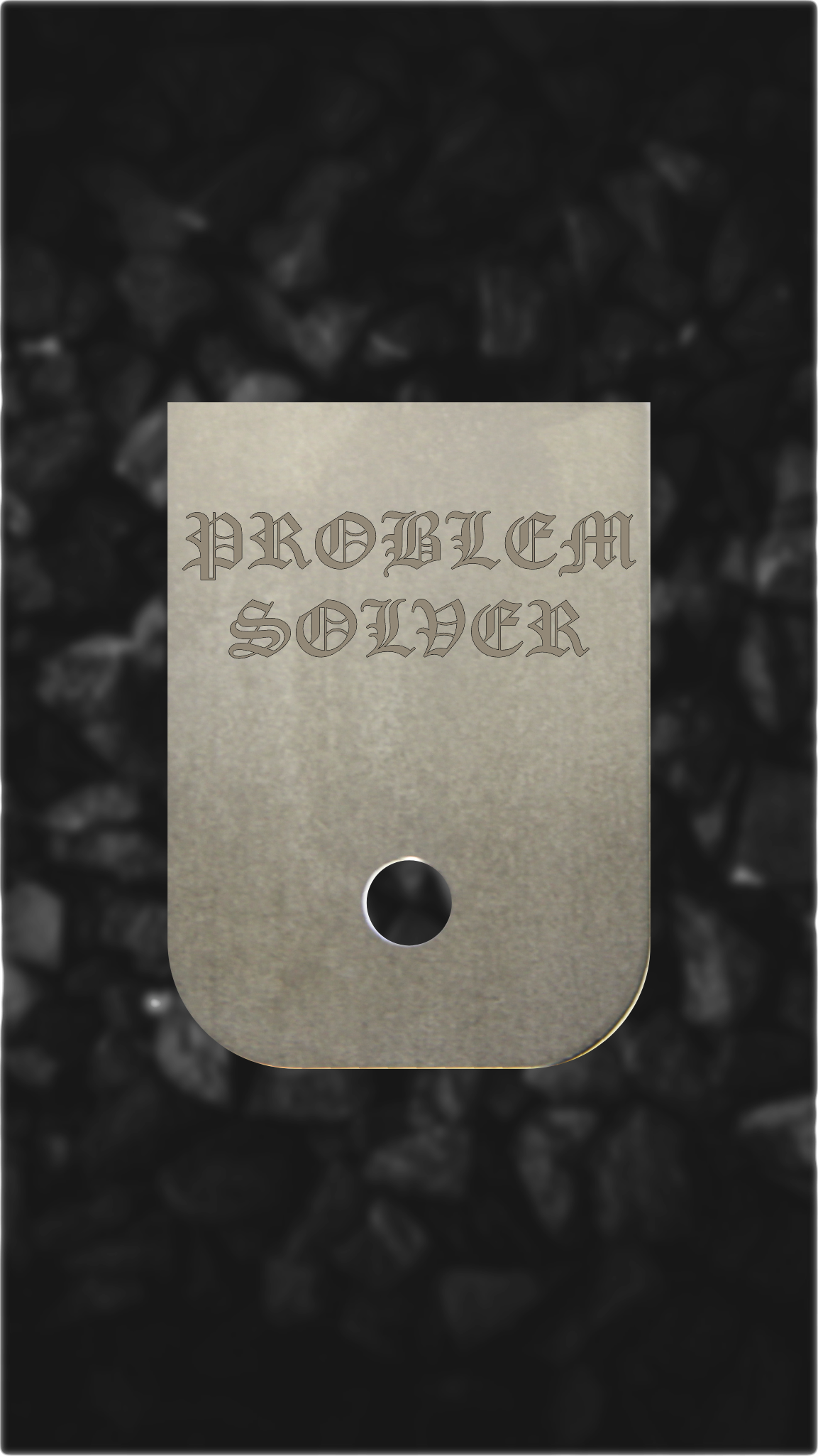 Titanium Glock back plate Problem Solver script engraving on Glock magazine plate